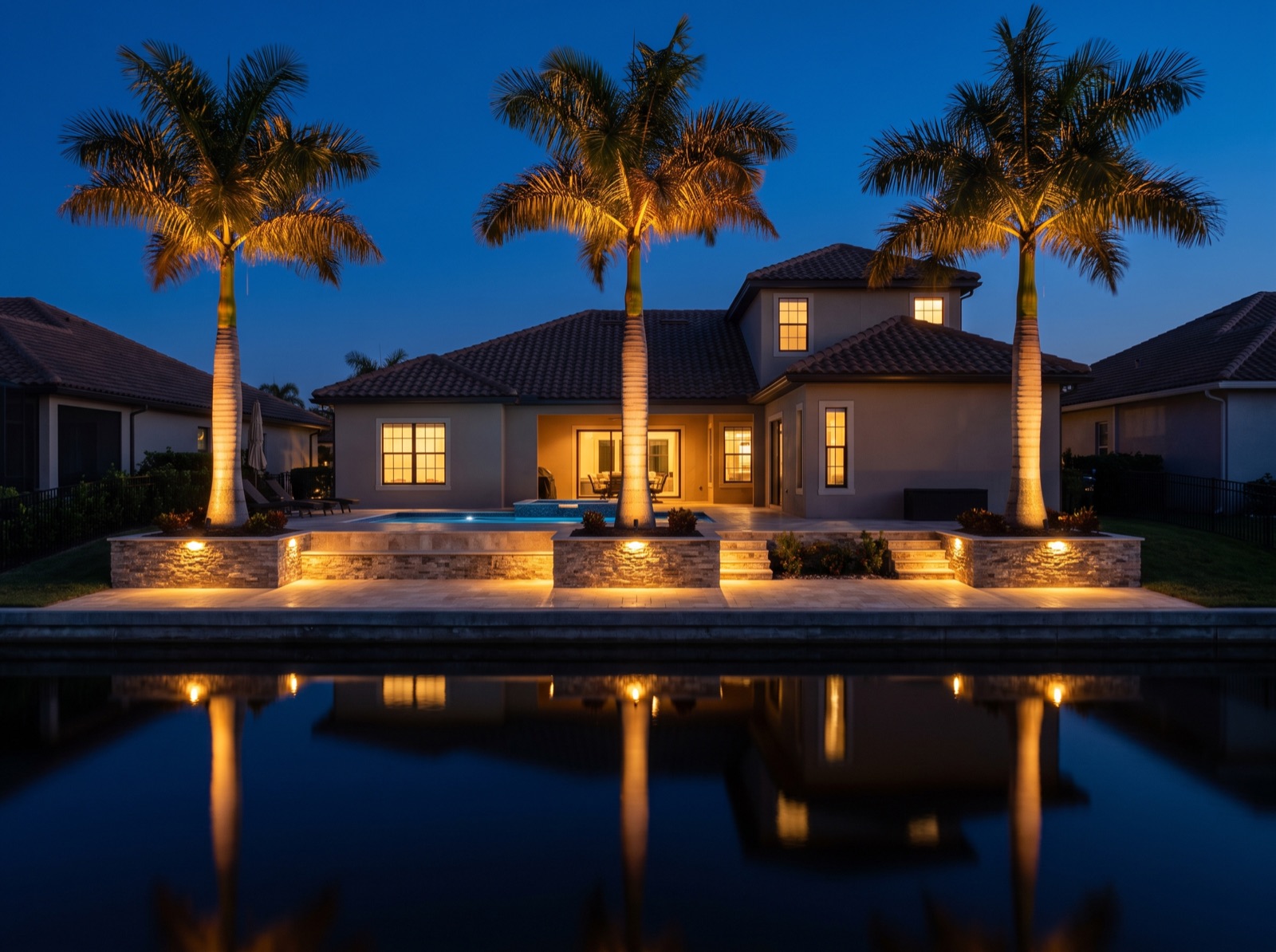 Landscape lighting on a canal-front property near Port Charlotte, Florida