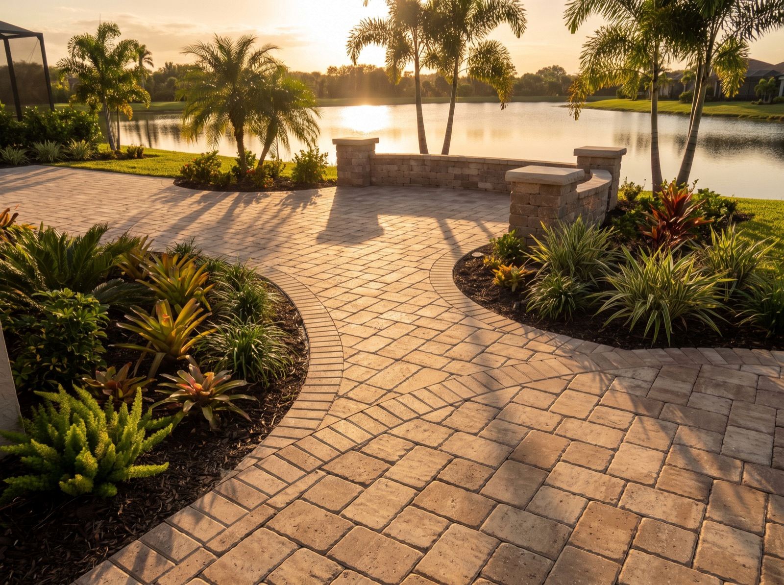 Paver drives, walks, patios and seat walls, built on base that holds up to Florida rain and Florida sun.