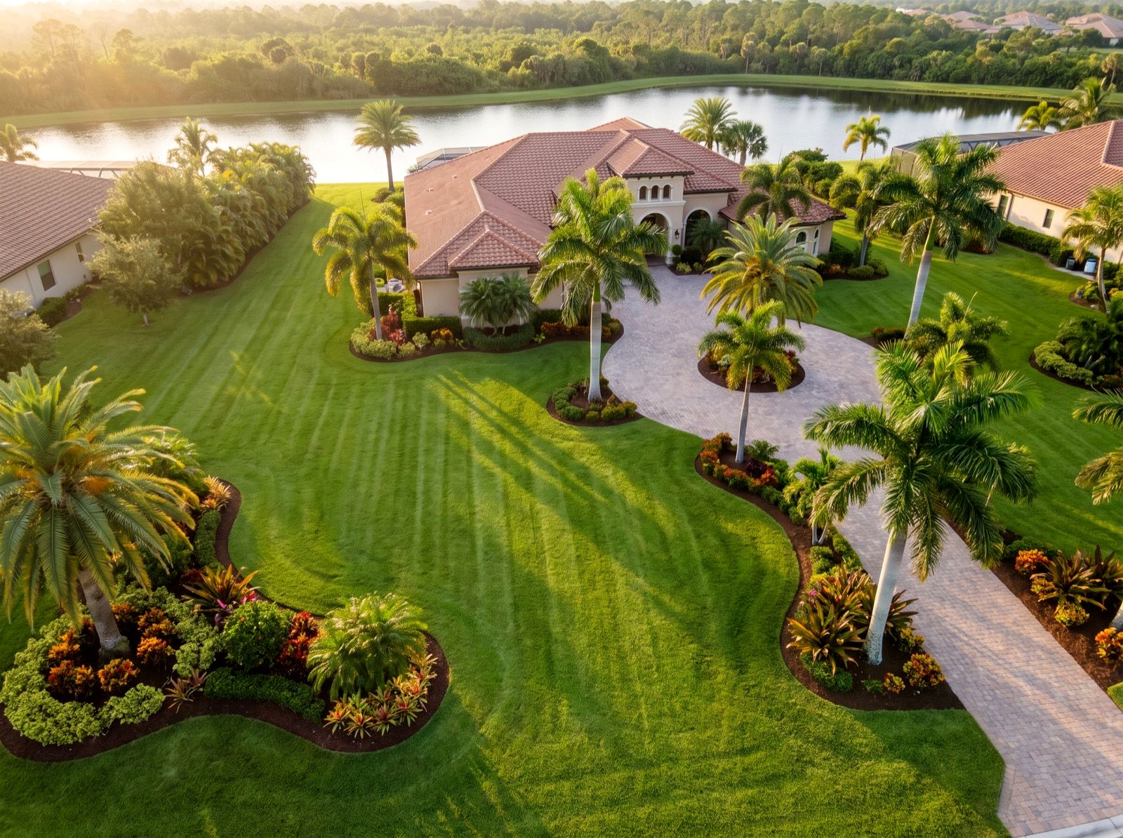 Aerial view of a maintained estate at golden hour with striped turf and defined bed lines