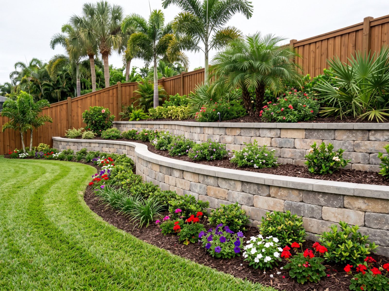 Curved two-course segmental retaining wall with planted terraces above a striped lawn