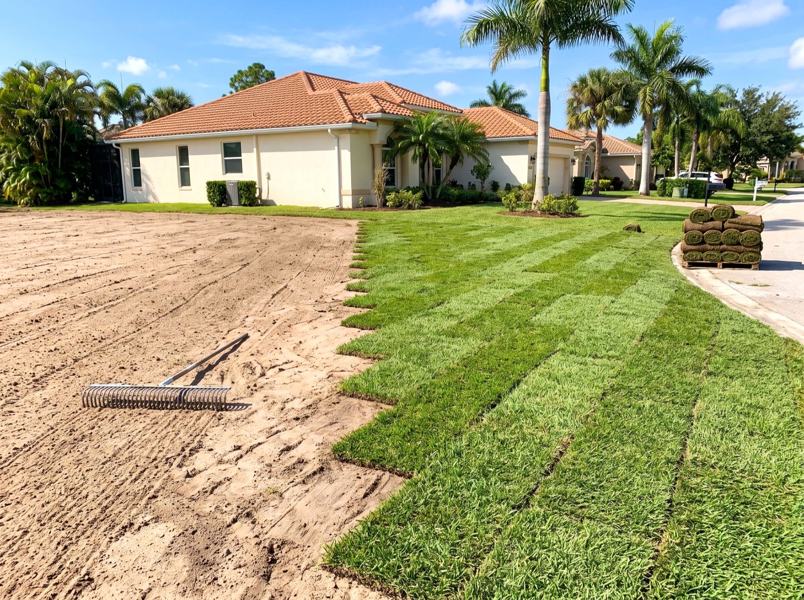 Sod installation in progress: graded bare soil on one side, freshly laid St. Augustine on the other