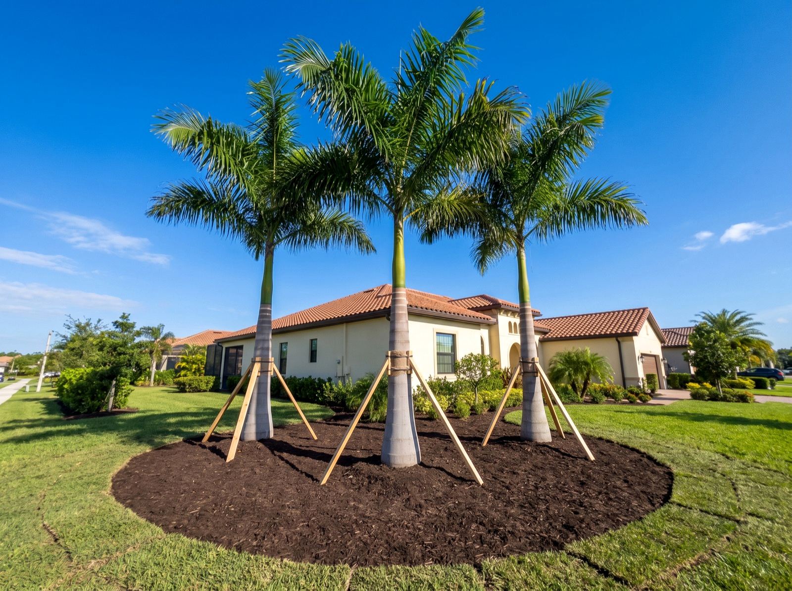 Three mature royal palms newly installed and braced in a fresh mulch ring